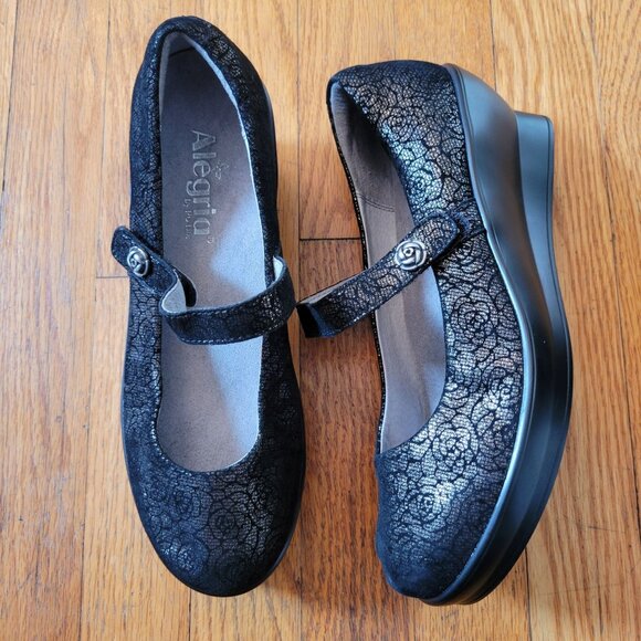 Alegria Black Metallic Floral Rose Leather Mary Jane Wedge Heels 8.5 FLA 553 - Picture 1 of 10